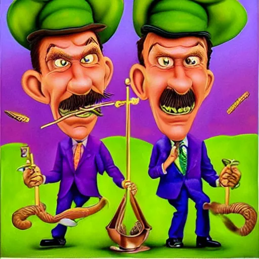 Image similar to beautiful lifelike painting of the chuckle brothers running a purple and green oil derrick, hyperreal detailed facial features and uv lighting, art by ed roth and basil wolverton