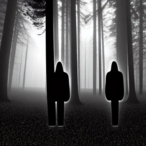 Image similar to shadow people in forest, staring at camera glowing white eyes, hyperrealistic, 8k, extremely detailed, black and white, foggy, grainy, very old