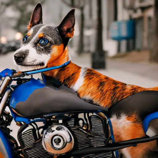 Image similar to blue heeler dog on a motorcycle, 8 k photography, blurred background of a wafflehouse