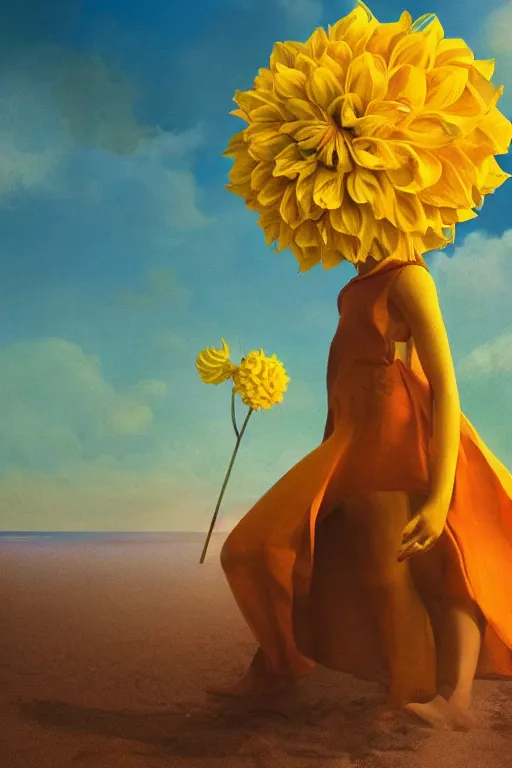 Image similar to closeup girl with huge yellow dahlia flower face, on the beach, surreal photography, blue sky, sunrise, dramatic light, impressionist painting, digital painting, artstation, simon stalenhag