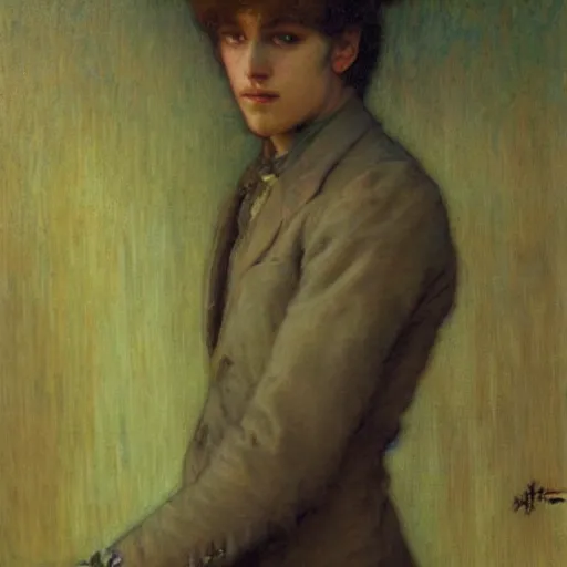 Image similar to eloquent soulful portrait of a haunted young man against bright background, oil painting, gaston bussiere, mucha, gerome,