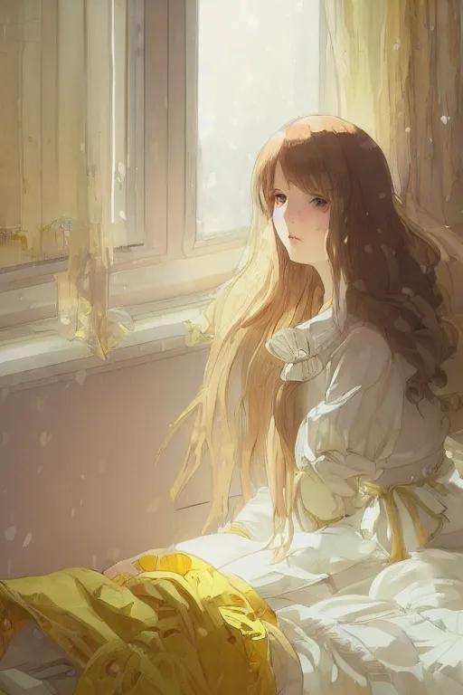 Prompt: a girl in a maid's outfit in the bedroom a night, raining outside the window, yellow theme, wavy white long hair, by krenz cushart and mucha and akihito yoshida and greg rutkowski and makoto shinkai, 4 k resolution