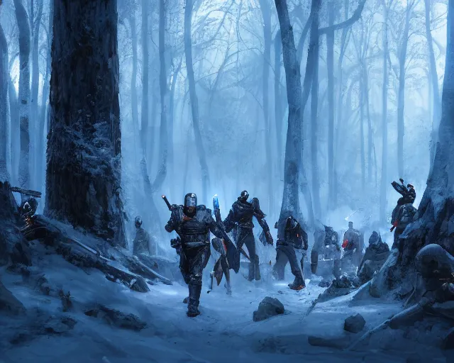 Prompt: jango fett killed 2 0 dead jedi, blood, in a snow forest, concept art highly detailed, great cinematic lighting, 8 k, depth of field, 3 d, art by greg rutkowski, trending on artstation, cinematographic shot