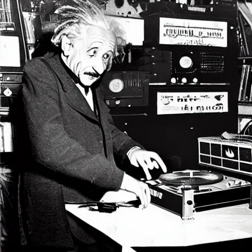 Prompt: photo of Albert Einstein DJing a record player at a nightclub, vintage, highly detailed facial features, at a nightclub