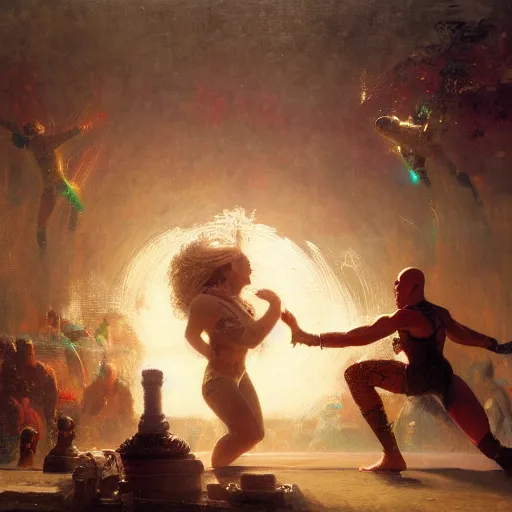 Image similar to bald wrestler breaking blonde wrestler's back, radiant light, caustics, heroic, bright iridescent light, by gaston bussiere, bayard wu, greg rutkowski, maxim verehin, epic wrestling combat, legendary