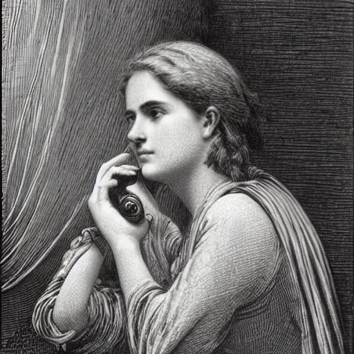 Image similar to extreme close-up, portrait of a young french woman talking at mobile phone, Gustave Dore lithography