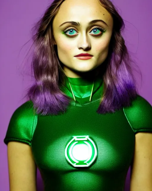 Prompt: photos of beautiful actress Ella Purnell dressed as the Green Lantern Soranik Natu, Photogenic, purple skin, short black pixie like hair, particle effects, photography, studio lighting, in the style of Annie Leibovitz