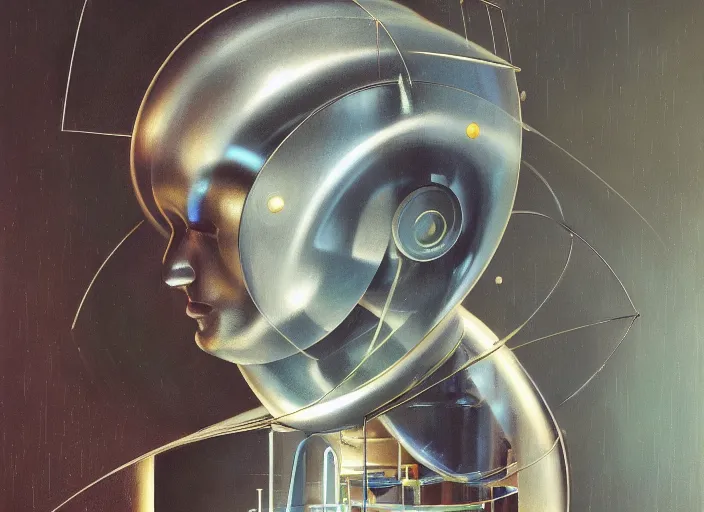 Image similar to a portrait headshot of sci fi metallic human, bright eyes, melancholic complex geometric figure liminal machinery by oskar schlemmer, moebius, john berkey, film grain, oil on canvas, portrait facial head, featured on artstation, hd wallpaper, 8 k, bright colors, global lighting