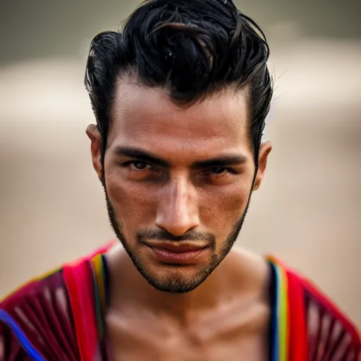 Prompt: color portrait of a very handsome peruvian male model by emmanuel lubezki