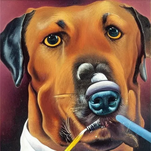 Prompt: oil painting by salvador dali of a rottweiler smoking a cigarette