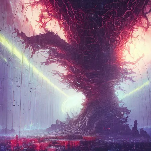 Image similar to an enigmatic and terrifying painting of a cyberpunk universe by marc simonetti, greg rutkowski, ferdinand knab, colour, hyper detail, 8 k, one giant oak, universe, nebula, burst of colour, imaginary, roots, concept art, out of this world, depth, incredible depth