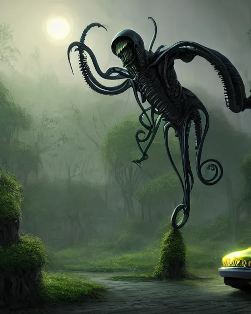 Prompt: xenomorph taxi car in a fantasy village, calming, uplifting mood, ultra realistic, farm, small buildings, highly detailed, atmosphere, masterpiece, epic lighting, elves, green plants, magic, illuminated, 4 k, cinematic, morning sun, art by eddie mendoza and sylvain sarrailh and jonathan berube