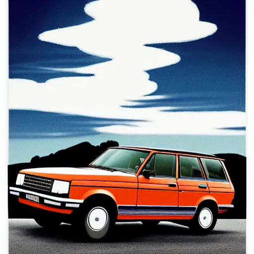 Prompt: rangerover driving down a windey road with noctoluminescent clouds in the sky, simplistic style, 1 9 8 0 s poster style