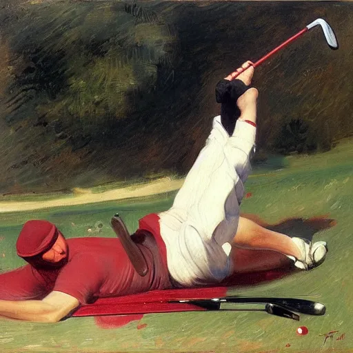 Prompt: on a golf course a hawk is beside a man who is lying on the floor with a golf club in his hand and pool of red liquid by his head by emile friant