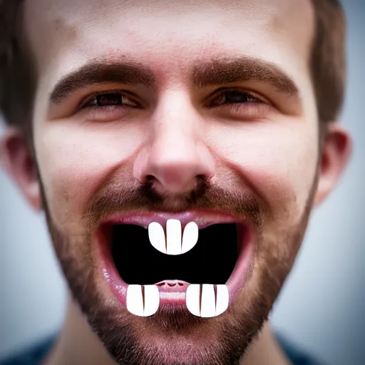Prompt: photograph of smiling man with christian crosses inside his mouth, 8k resolution, high detail, ULTRA REALISTIC VFX, reflections