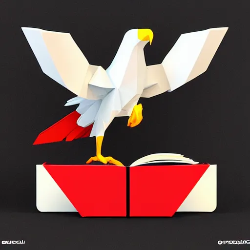 Image similar to low poly, vector, white eagle flying above an open book, icon, red background, cgsociety, artstation, octane render