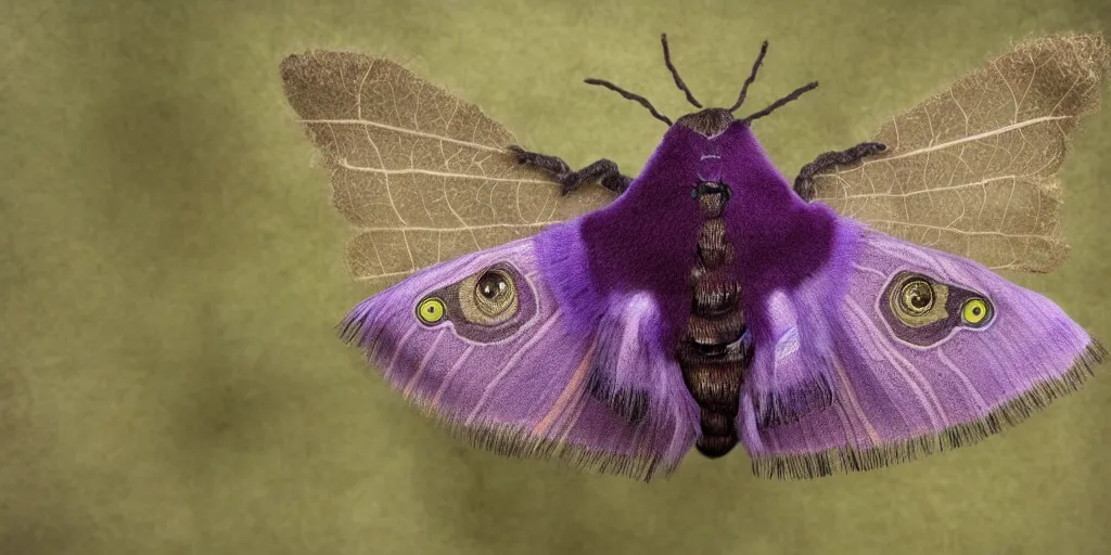 Prompt: Humanoid moth with wings for arms large insect eyes no mouth no nose large antenna fuzzy purple, in a forest filled with fog looking back at the camera, hyper detailed