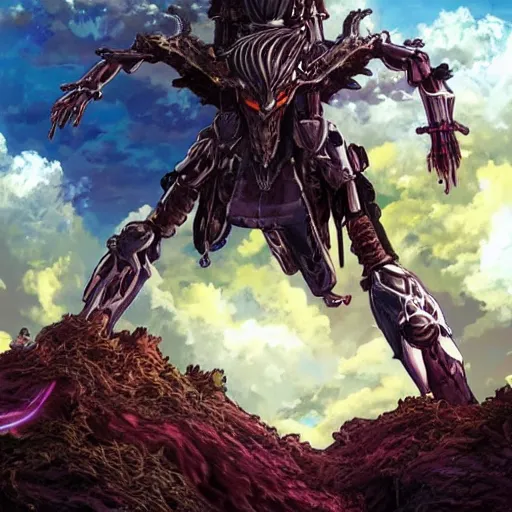 Image similar to sci - fi anime exoskeleton creature fighting the ancient tree god on a vast desert island, cinematic, high fantasy, maximalist, epic