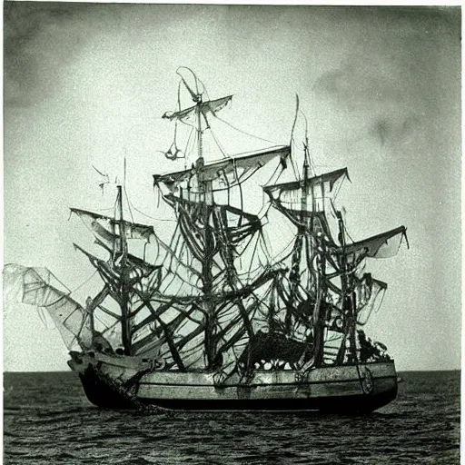 Image similar to an impossibly huge pirate ship, being attacked by a kraken, giant tentacles, lovecraft. 1930s photograph