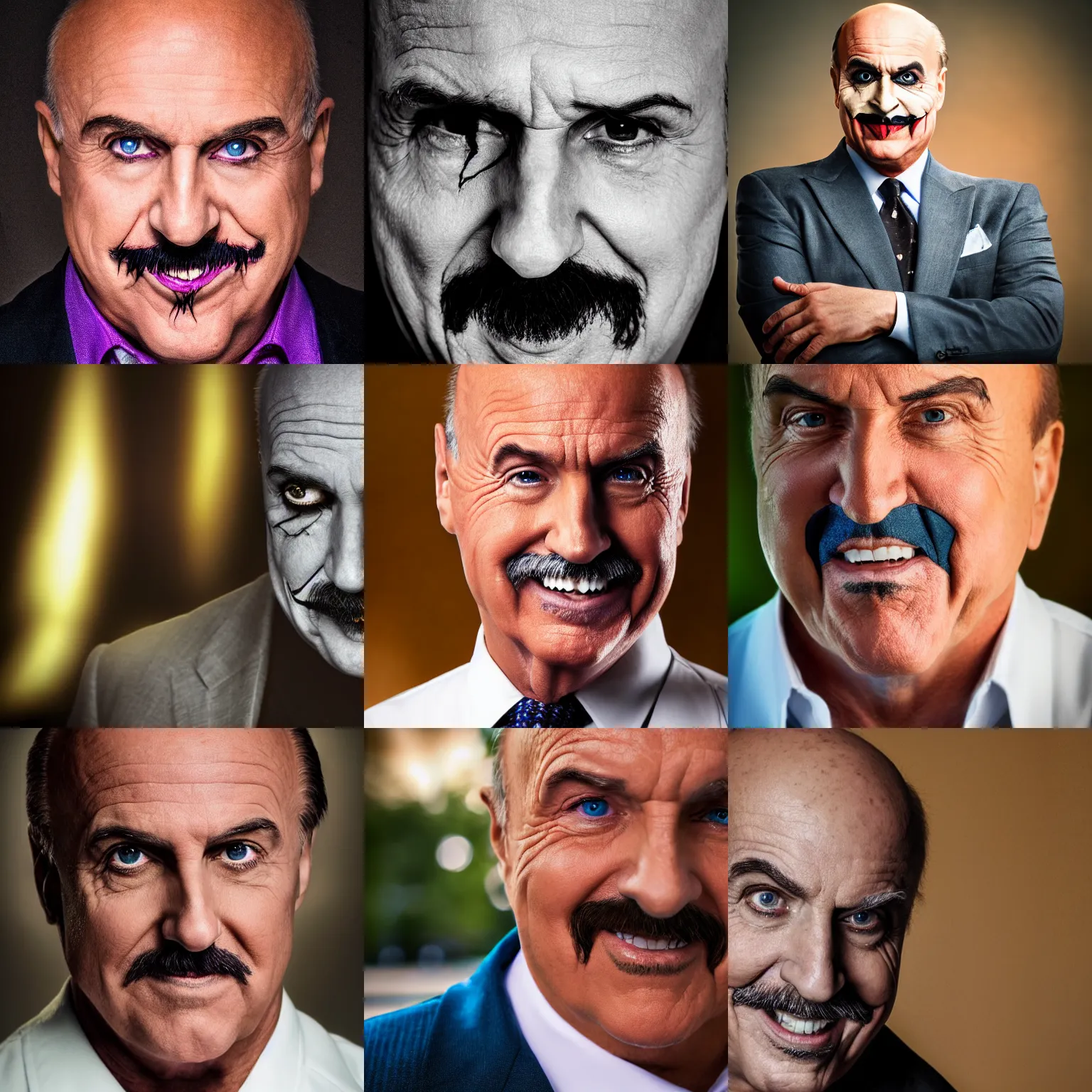 Prompt: portrait photograph, Dr Phil, as the joker, brilliant lighting, bokeh, depth of field, lens flare