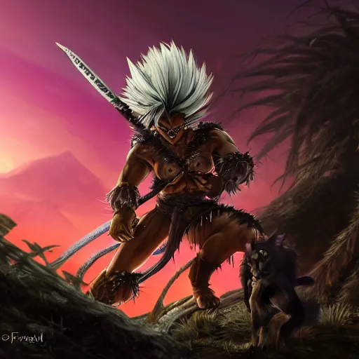 Image similar to barbarian warrior woman with chimera cat tail, cat tail, furry tail, barbarian pelt, cavewoman, black hair, electrified hair, wild spiky black saiyan hair, surrounded by electrical aura, prowling around primeval jungle, palm trees, rocks, mountains, red sky, hyperdetailed, ultra high definition, realism, 4 k, frank frazetta