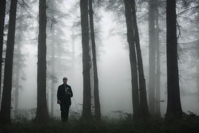 Prompt: a cinematic headshot portrait of a male scientist, in a spooky forest, fog, portrait, portrait, portrait, shrubbery, 8 k, detailed, backlight, deep focus, movie still, moody lighting, by werner herzog