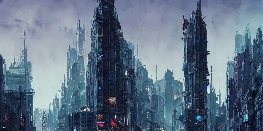 Image similar to cartoonish night city skyline, vivid colors, character sheet, fine details, concept design, contrast, noir film, kim jung gi, greg rutkowski, watercolor, trending on artstation, 8 k, full body, turnaround, front view, back view, ultra wide angle