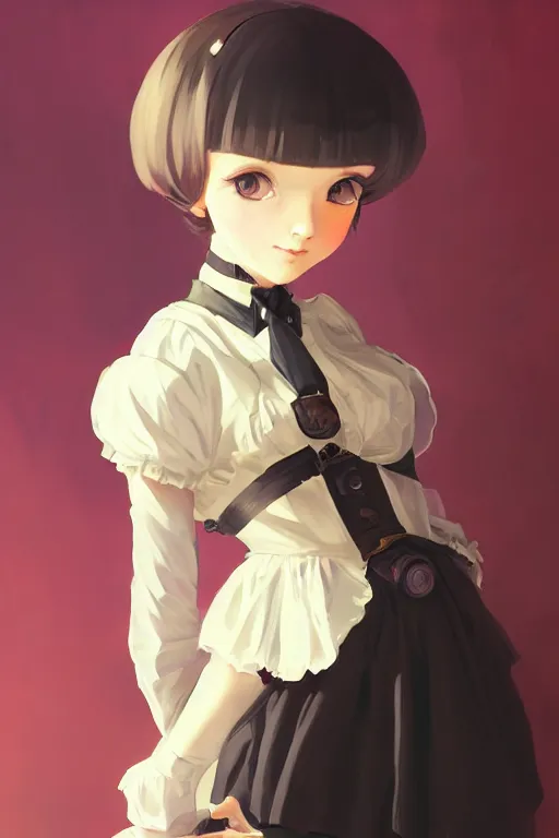 Image similar to a portrait of a cute young woman in a Victorian maid outfit with black bob cut hair, steampunk setting, vivid colors, soft lighting, atmospheric, cinematic, moody, in the style of Ilya Kuvshinov and Range Murata, Krenz Cushart, oil on canvas, 8k