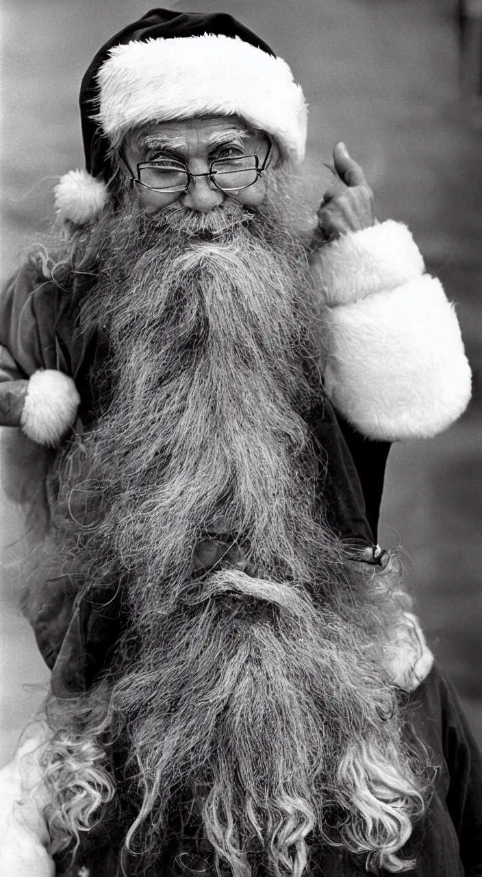 Image similar to hobo santa portrait, candid photo from streets of portland, american depression, 1 9 8 8