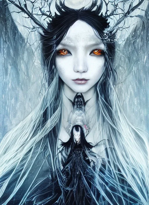 Image similar to breathtaking detailed art portrait painting of evil fantasy sorceress vampire, dark castle setting, with anxious, piercing eyes, amalgamation of spells, by Hsiao-Ron Cheng, James jean, Miho Hirano, Hayao Miyazaki, extremely moody lighting, Black paper, cut paper texture, Full of light-blue and silver and white layers, 8K, intricate detail, cgsociety, hyperrealistic, octane render, RPG portrait, ambient light, dynamic lighting