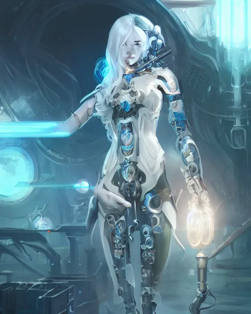 Image similar to holy cyborg necromancer girl, elegant, scifi, futuristic, utopia, garden, illustration, atmosphere, top lighting, blue eyes, white hair, focused, artstation, highly detailed, art by yuhong ding and chengwei pan and serafleur and ina wong