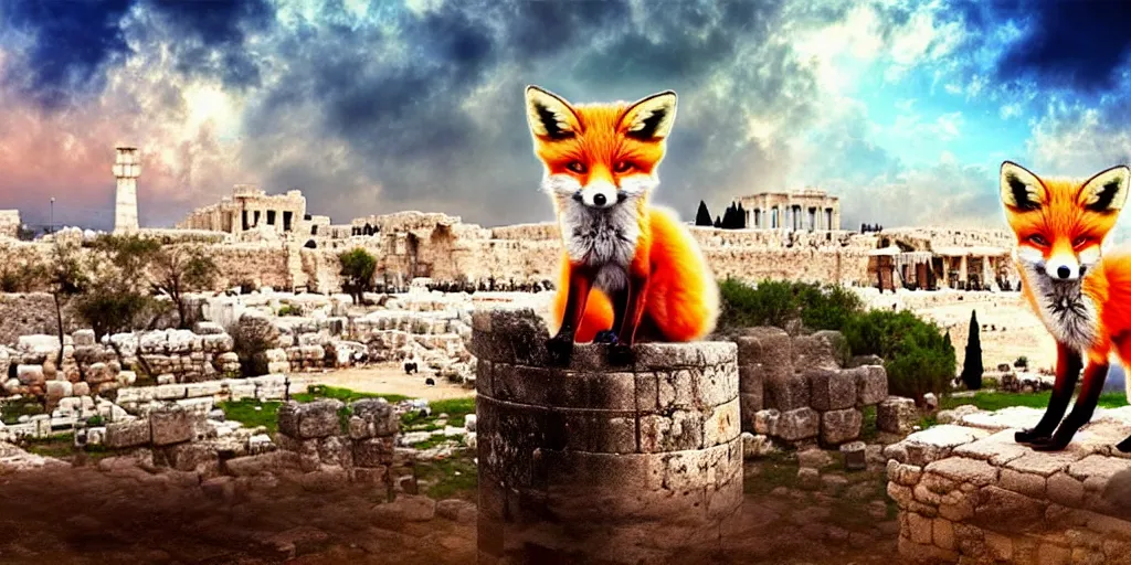 Image similar to a adorable small fox in the huge ruins of the second temple in jerusalem in the distance. the third temple hovers quietly hiding in the dreamy clouds above. a hooded bearded old man in a tunic laughing, colorful 8 k, art station, intricate superb details, digital art, cinematic, bokeh dof sky, a painting by afremov.