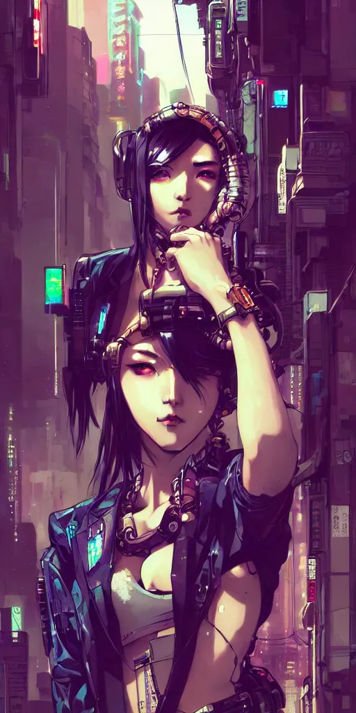 Image similar to hyper - realistic cyberpunk portrait of beautiful! anime woman standing on tokyo street, extreme detail, alluring, in style of yoji shinkawa, pan ren wei, col price, atey ghailan, by greg rutkowski, by greg tocchini, by james gilleard, by joe fenton, by kaethe butcher, grunge aesthetic