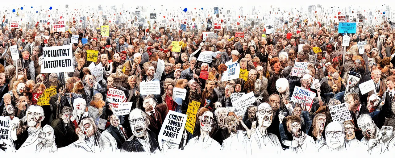 Image similar to an illustration of a crowd of angry political protestors with signs, by gerald scarf and ralph steadman, illustration, front angle, ink splatters, pen and ink, flat color, drawing, facing front, anatomically correct, beautiful perfect face, sharp focus, highly detailed, cinematic lighting, 8 k, hd