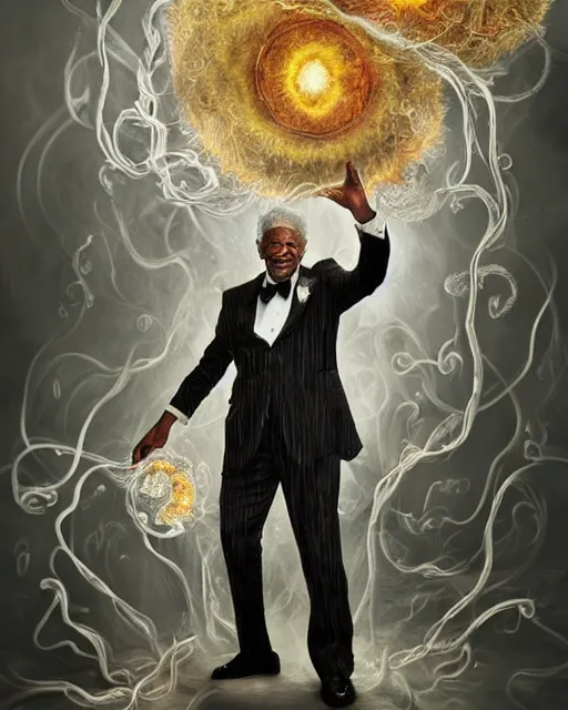 Image similar to a highly detailed portrait of Morgan Freeman as a devious male magician radiating a powerful energy aura, ornate back tuxedo, wispy tendrils of smoke, swirling vortex of energy, performance art, intricate, digital painting, old english, raining, sepia, particles floating, whimsical background by marc simonetti, art by artgerm and greg rutkowski and alphonse mucha