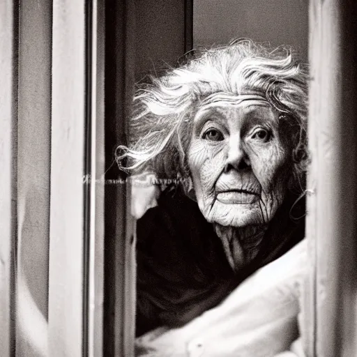 Prompt: black and white press photograph, highly detailed portrait of a depressed old lady drug dealer sitting by the window, detailed face looking into camera, eye contact, natural light, mist, fashion photography, film grain, soft vignette, sigma 85mm f/1.4 1/10 sec shutter, Darren Aronofsky film still promotional image, IMAX 70mm footage