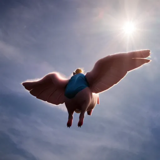 Image similar to pig flying with angel wings in a blue sky dramatic lighting