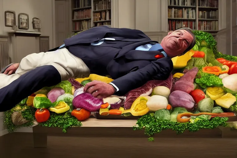 Image similar to nigel farage laying on top of vegetables on a table, a bronze sculpture by jeff a. menges, trending on pinterest, hyperrealism, hyper - realistic, hyper realism, playstation 5 screenshot