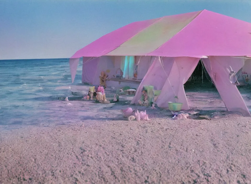 Image similar to a pastel coloured vintage family holiday photo of an empty beach from an alien dreamstate world with chalky pink iridescent!! sand, reflective lavender ocean water, dim bioluminescent plant life and an igloo shaped shiny plastic transparent festival tent. glare. refraction, volumetric light.