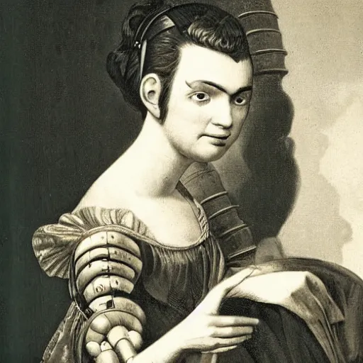 Prompt: portrait photo of a beautiful female cyborg. 1790s.