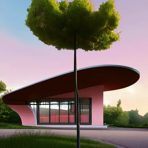 Image similar to modernist house inspired by a mcdonalds between big trees, light pink clouds, dramatic lighting, artstation, matte painting, raphael lacoste, simon stalenhag, frank lloyd wright, zaha hadid