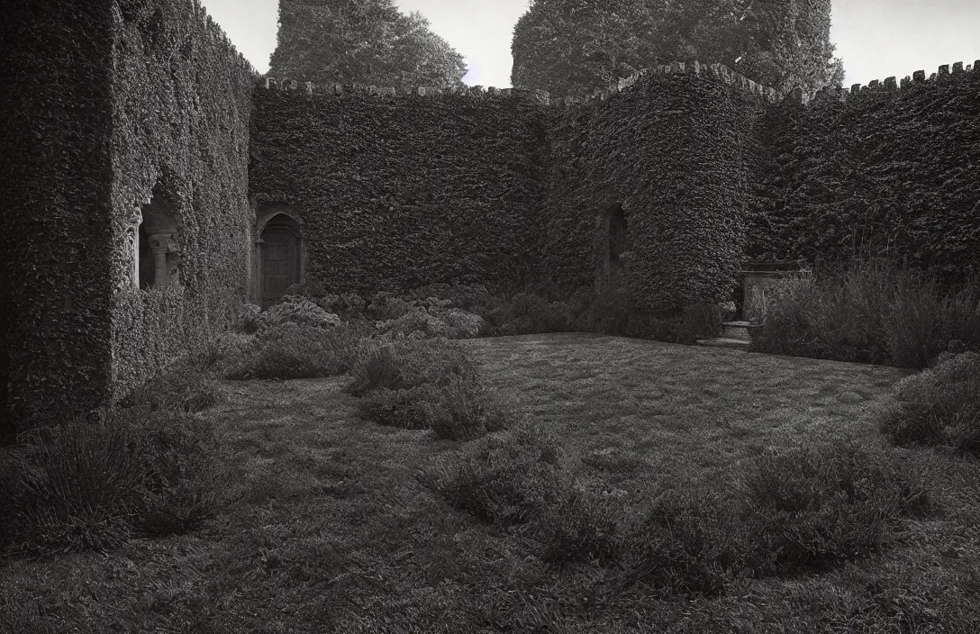 Image similar to sequestered corner of a garden within a castle walls line density is used for rendering light and shadow. forms exist in three dimensions, with height, width, and depth. intact flawless ambrotype from 4 k criterion collection remastered cinematography gory horror film, ominous lighting, evil theme wow photo realistic postprocessing excommunication directed by kurosawa