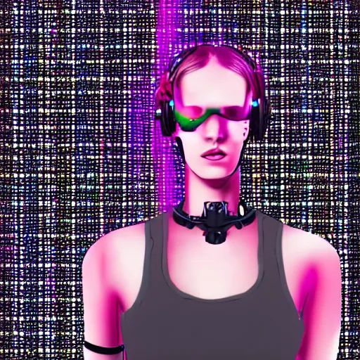 Image similar to art of female cyborg playing techno music, choker, wires, trippy space background, realistic