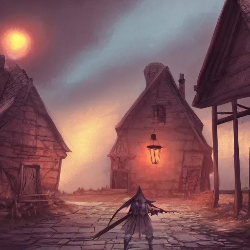 Image similar to A dilapidated foggy village with black mages walking around as seen in final fantasy 9 Vivi, digital painting, concept art, artstation