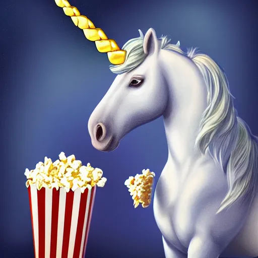 Image similar to a unicorn eating popcorn, digital painting 4k