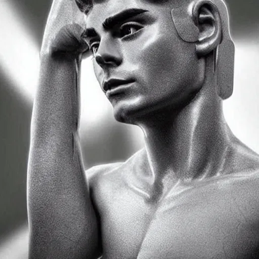 Image similar to “a realistic detailed photo of a guy who is an attractive humanoid who is half robot and half humanoid, who is a male android, Zac Efron, shiny skin, posing like a statue”