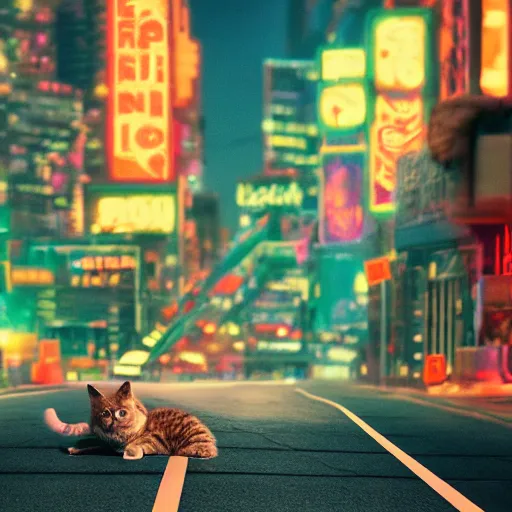 Image similar to neon city with a cat in the road cinematography