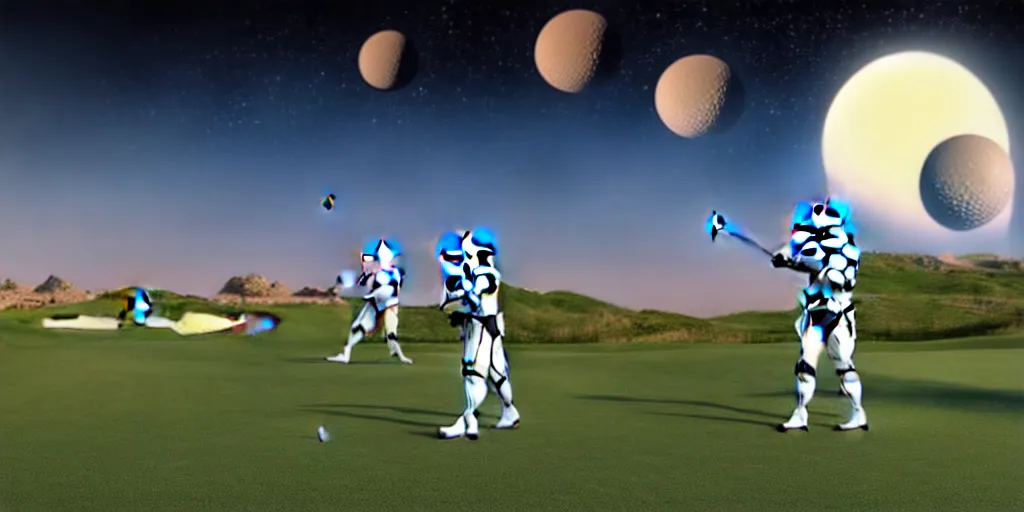 Image similar to stormtroopers playing golf on tatooine with 3 moons in the background, ultra detailed, vivid colors, volumetric lighting, futuristic, sharp focus