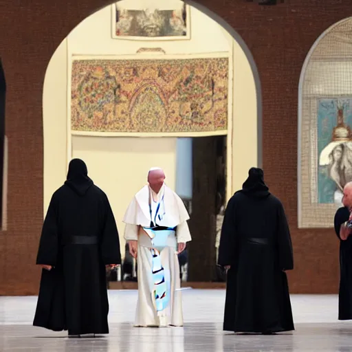 Prompt: the pope wearing a dark hooded robe