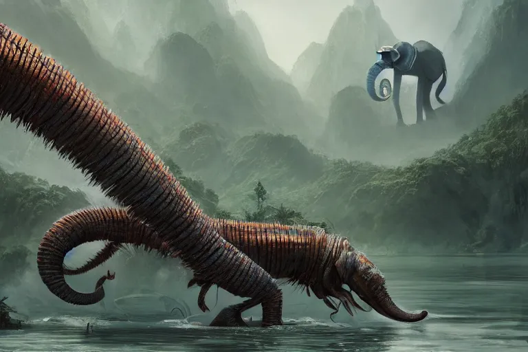 Image similar to the legendary island sized centipede elephant hybrid, made by Stanley Artgerm Lau, WLOP, Rossdraws, ArtStation, CGSociety, concept art, cgsociety, octane render, trending on artstation, artstationHD, artstationHQ, unreal engine, 4k, 8k,